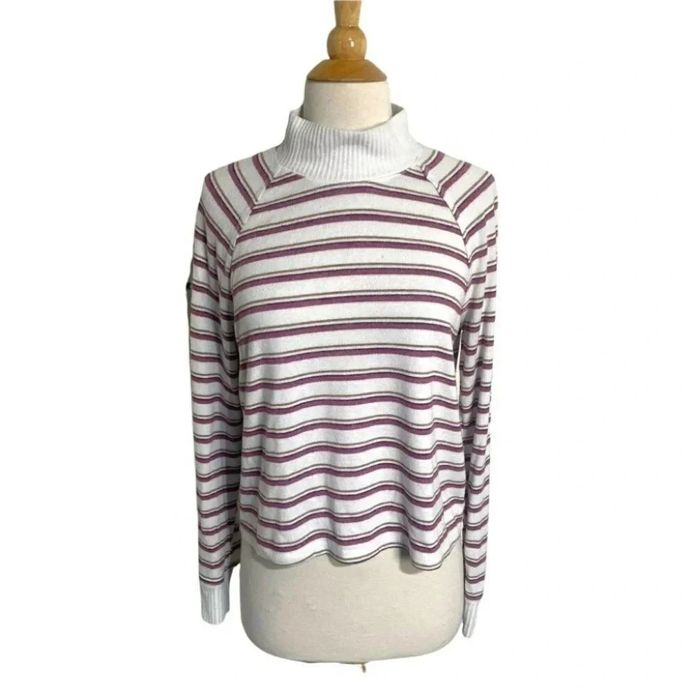 Abercrombie & Fitch Mock Neck Top XS White Burgundy Striped Raglan Long Sleeve